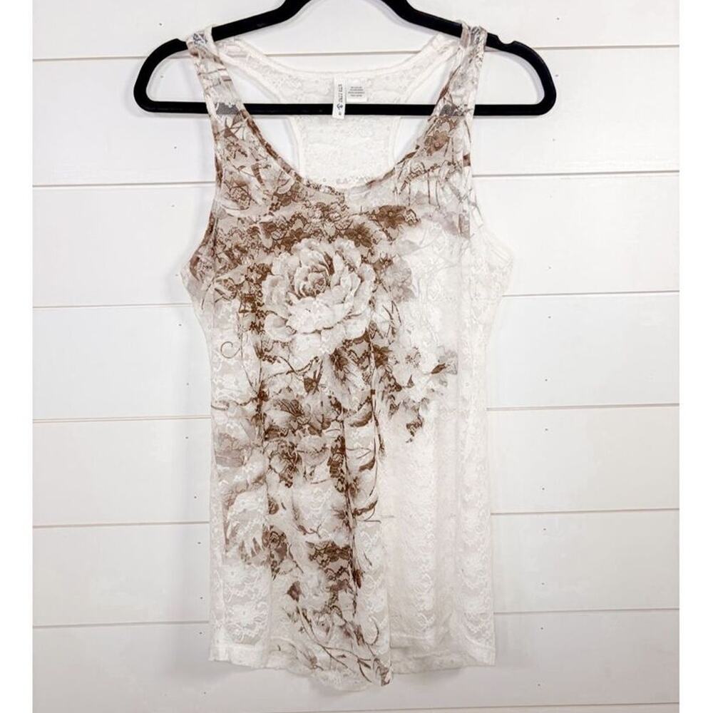 Full Tilt Women's Sheer Floral Lace Racerback Tank Top White Brown Size Medium